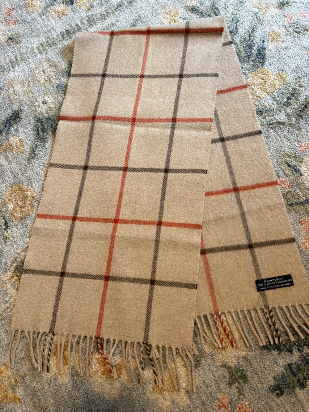 100% Cashmere Plaid Fringe Trim Handcraft Inc Western Germany Scarf